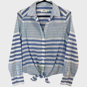 Vineyard Vines Stripe Tie-Front Shirt Blue/White Women's Size 4 Linen Button-Up